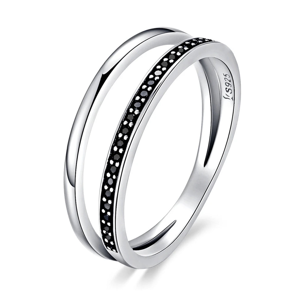 Double Circle Sterling Silver Ring - Black Clear CZ Stackable Women's Fine Jewelry