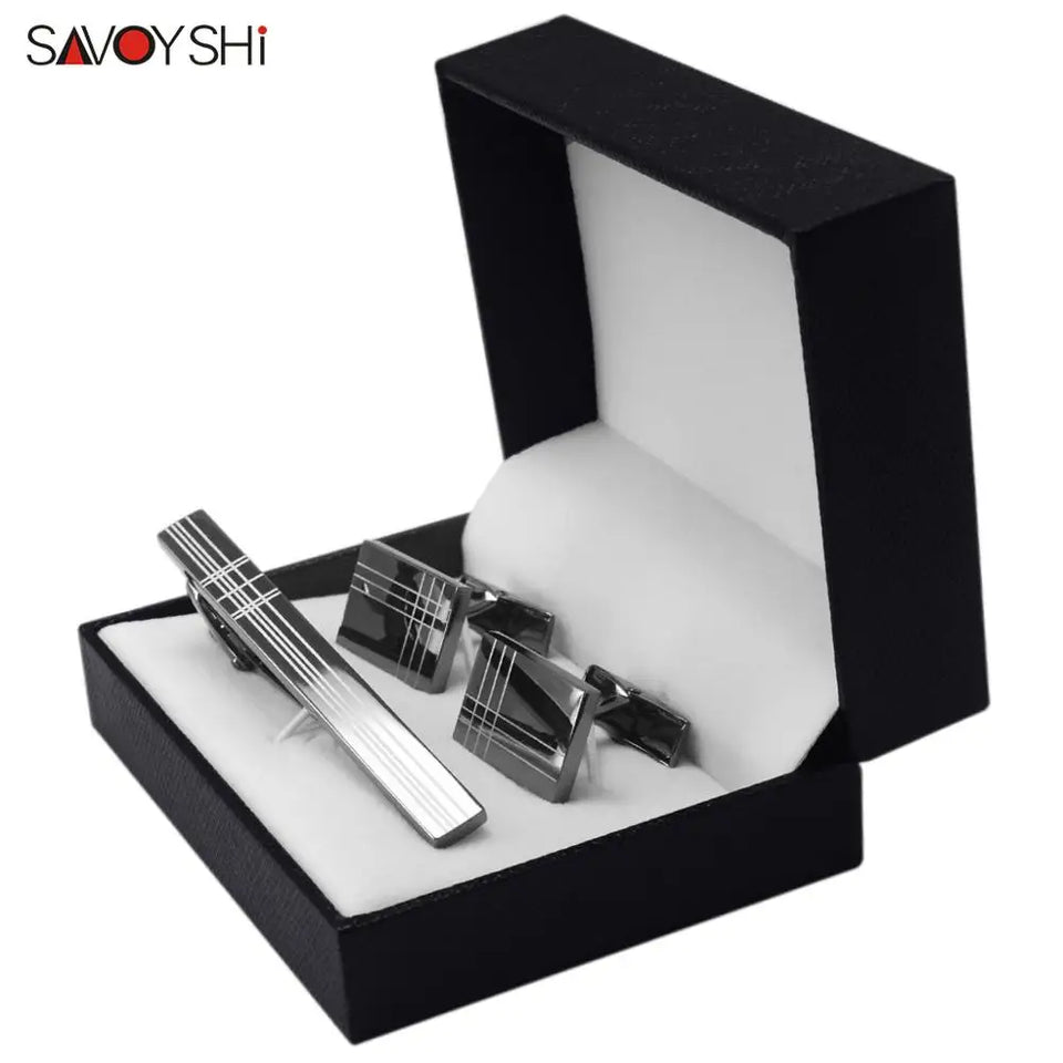Classic Square Black Cufflinks - Laser Stripe Tie Bar Set