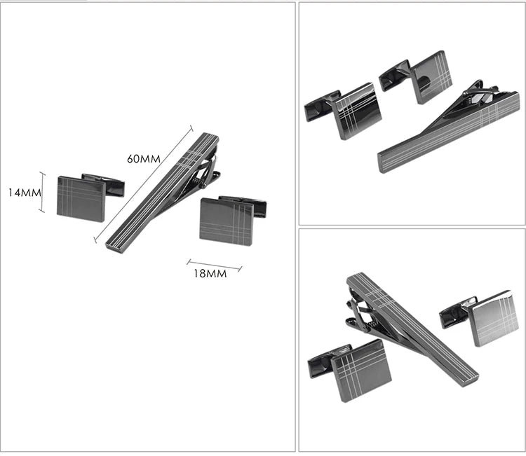 Classic Square Black Cufflinks - Laser Stripe Tie Bar Set