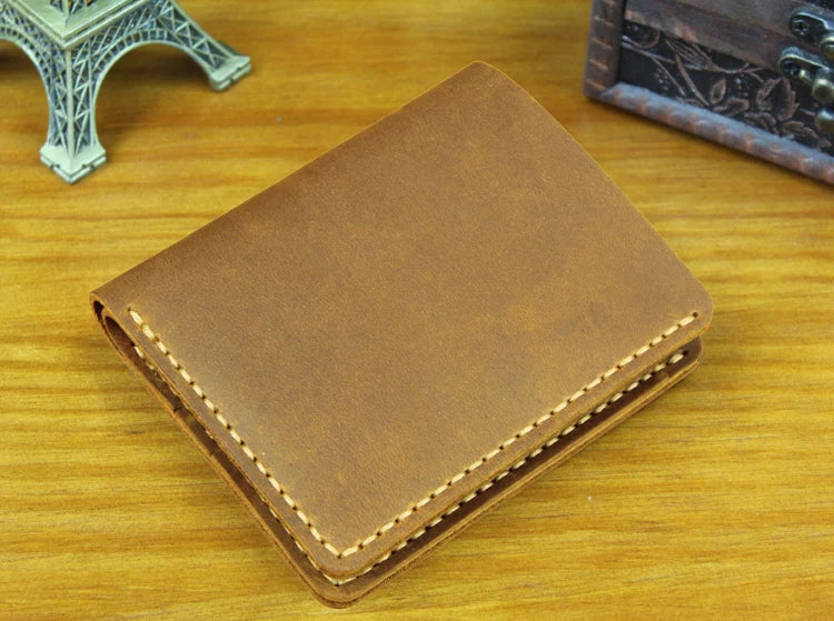 Vintage Crazy Horse Leather Wallet - Handmade Men's Bifold with Money Clip