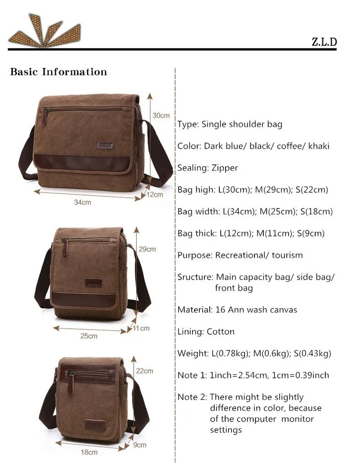 High Quality Canvas Shoulder Bag - Designer Unisex Messenger Bag with Large Capacity