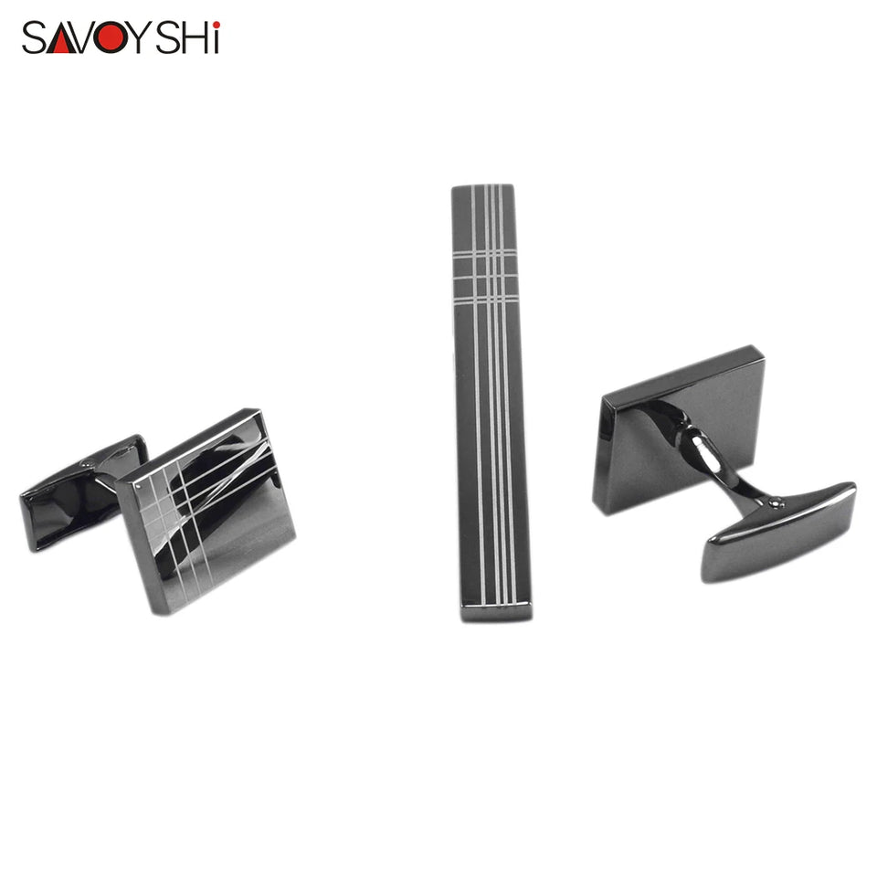 Classic Square Black Cufflinks - Laser Stripe Tie Bar Set