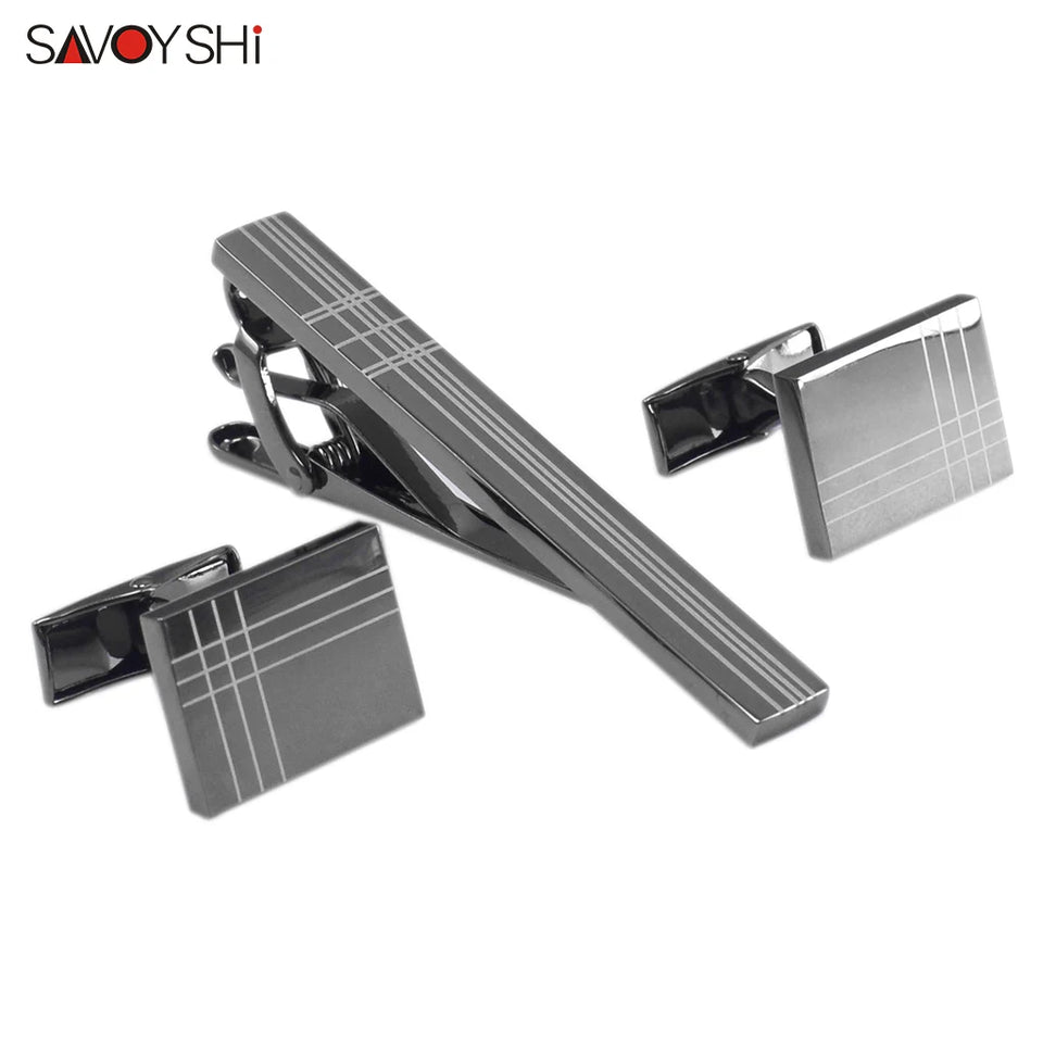 Classic Square Black Cufflinks - Laser Stripe Tie Bar Set