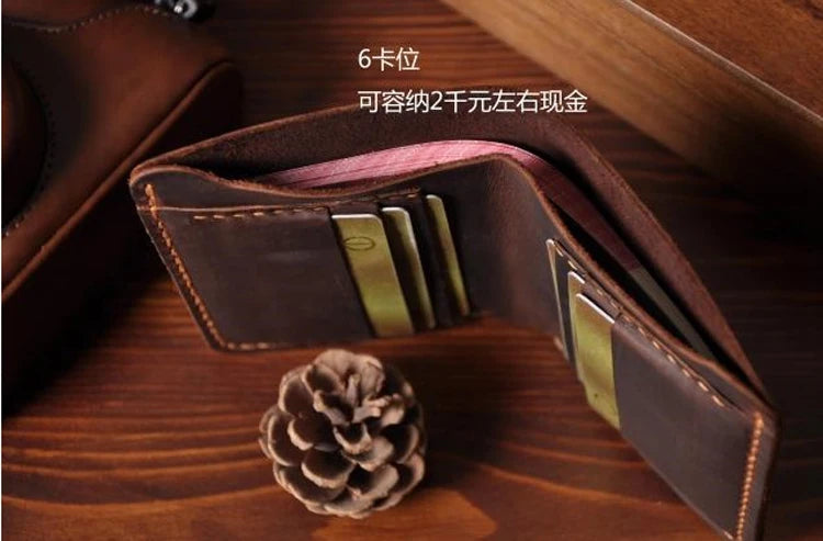 Vintage Crazy Horse Leather Wallet - Handmade Men's Bifold with Money Clip