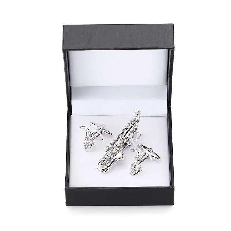Men's Golden Sax Cufflinks Set - Music Tie Bar & Cufflinks Jewelry