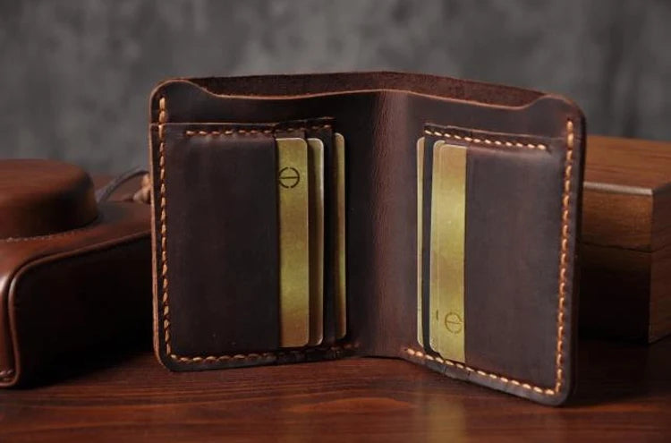 Vintage Crazy Horse Leather Wallet - Handmade Men's Bifold with Money Clip