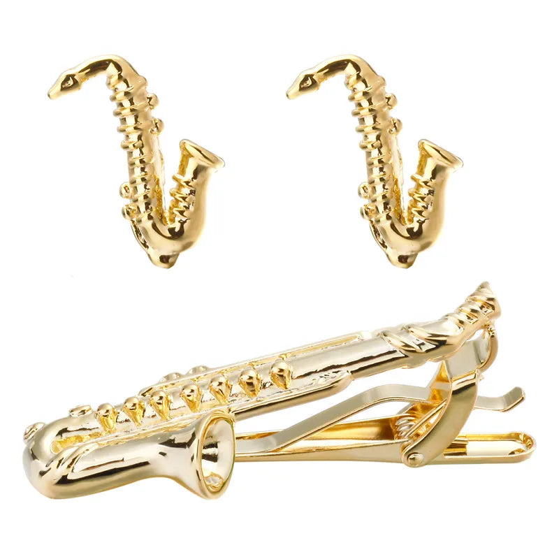 Men's Golden Sax Cufflinks Set - Music Tie Bar & Cufflinks Jewelry
