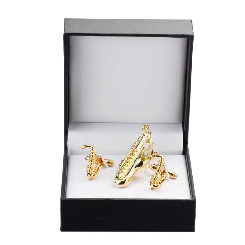 Men's Golden Sax Cufflinks Set - Music Tie Bar & Cufflinks Jewelry