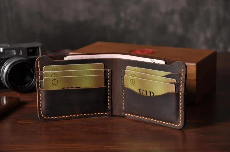 Vintage Crazy Horse Leather Wallet - Handmade Men's Bifold with Money Clip