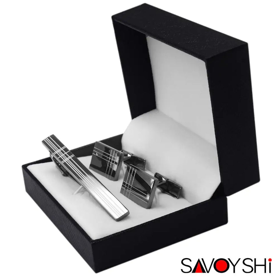 Classic Square Black Cufflinks - Laser Stripe Tie Bar Set