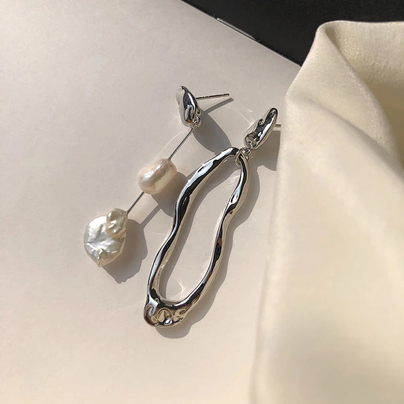 Asymmetric Freshwater Pearl Studs - Elegant Long Metallic Earrings