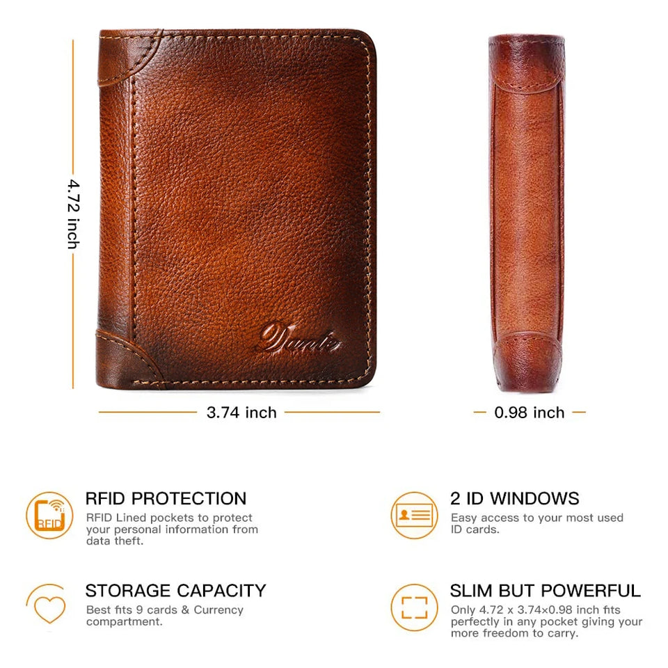 Dante Men's Leather RFID Wallet - Vintage Cowhide Vertical Design with Money Clip