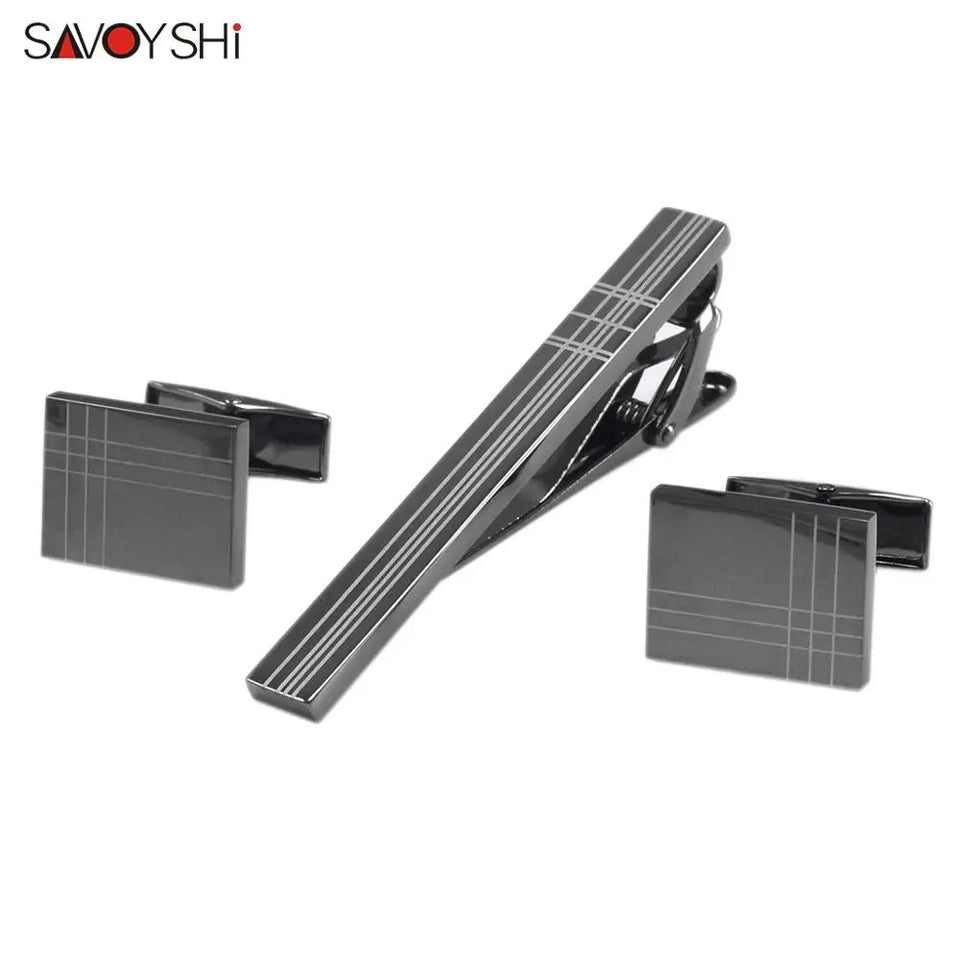 Classic Square Black Cufflinks - Laser Stripe Tie Bar Set