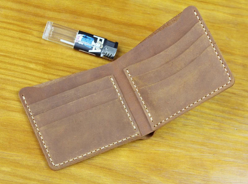 Vintage Crazy Horse Leather Wallet - Handmade Men's Bifold with Money Clip
