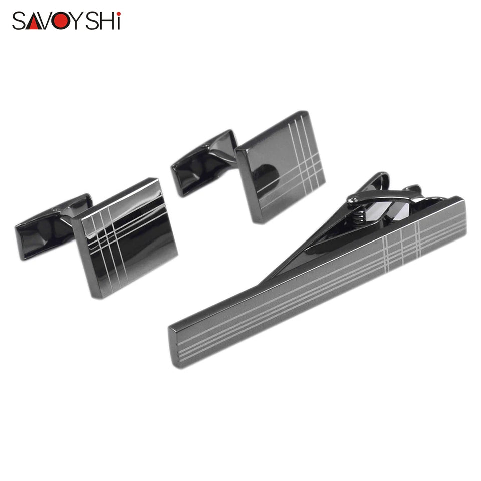 Classic Square Black Cufflinks - Laser Stripe Tie Bar Set