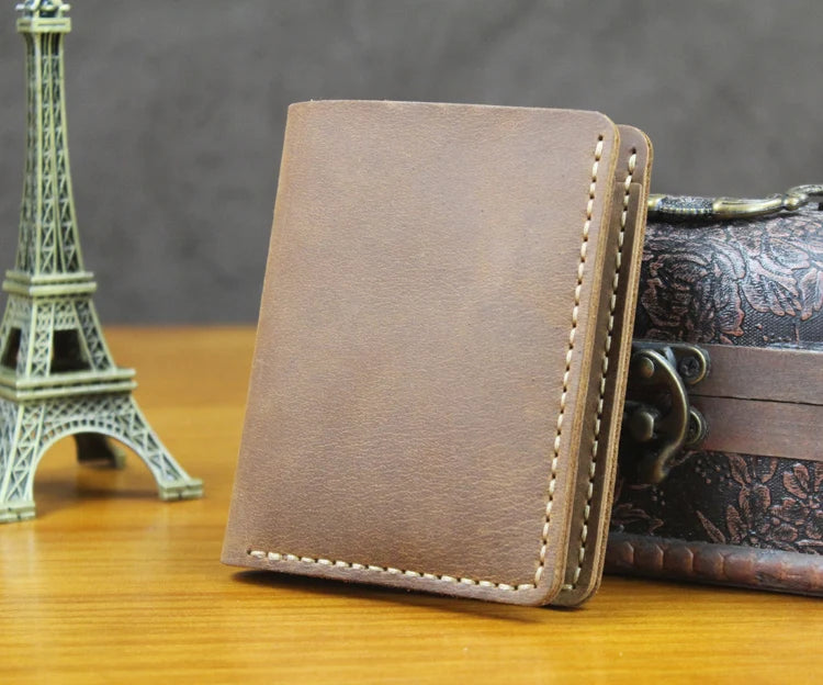 Vintage Crazy Horse Leather Wallet - Handmade Men's Bifold with Money Clip