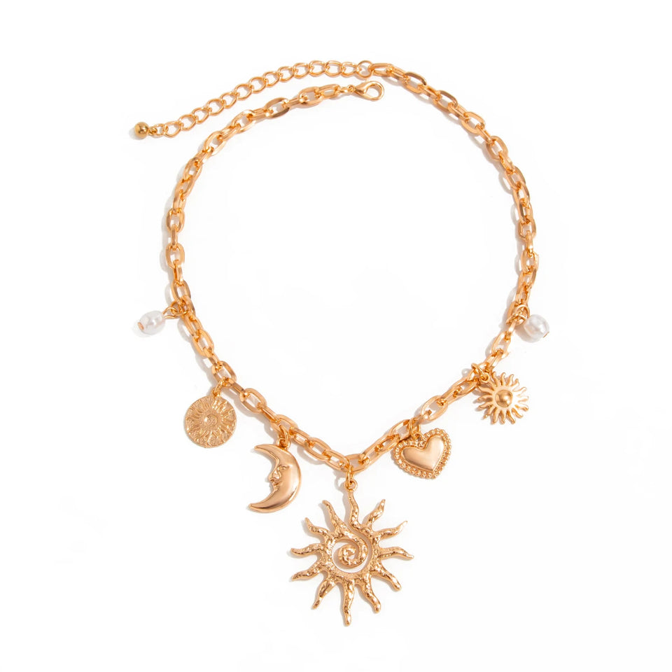 Ingemark Vintage Heart Sun Moon Necklace - Creative Alloy Chain Choker for Bridal Jewelry