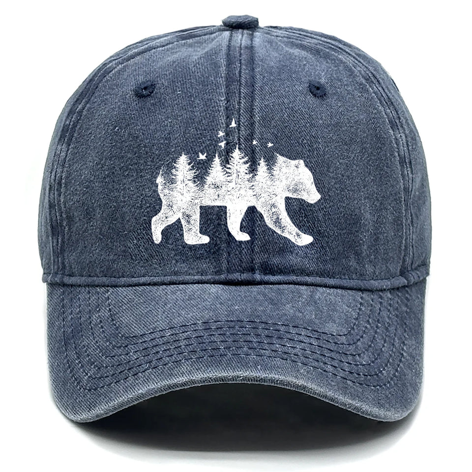 Washed Cotton Snapback Cap - Forest Bear Distressed Baseball Hat