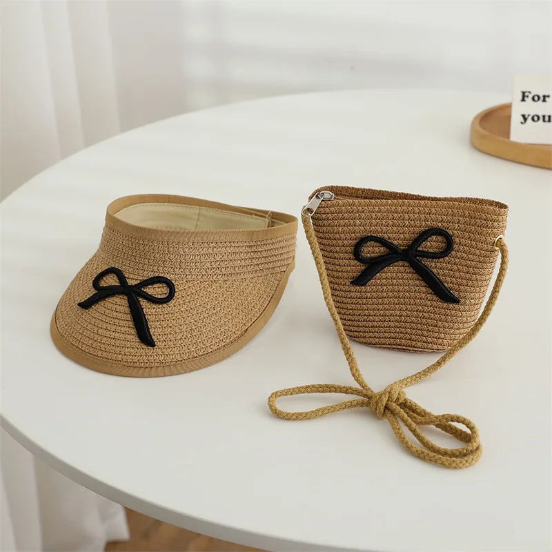 Large Brim Straw Sun Hat & Bag Set - Girls' Summer Beach Visor with Bowknot
