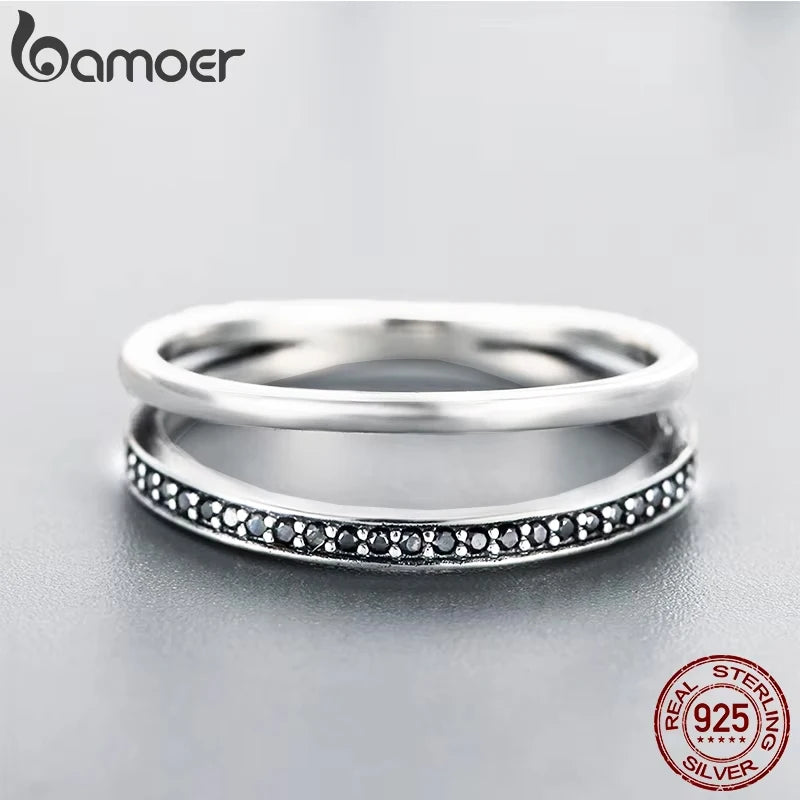 Double Circle Sterling Silver Ring - Black Clear CZ Stackable Women's Fine Jewelry