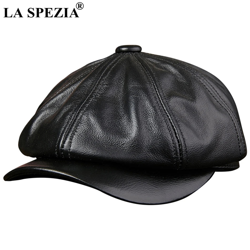LA SPEZIA Men's Genuine Leather Newsboy Hat - Black Octagonal Cap with Vintage Style