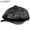 LA SPEZIA Men's Genuine Leather Newsboy Hat - Black Octagonal Cap with Vintage Style