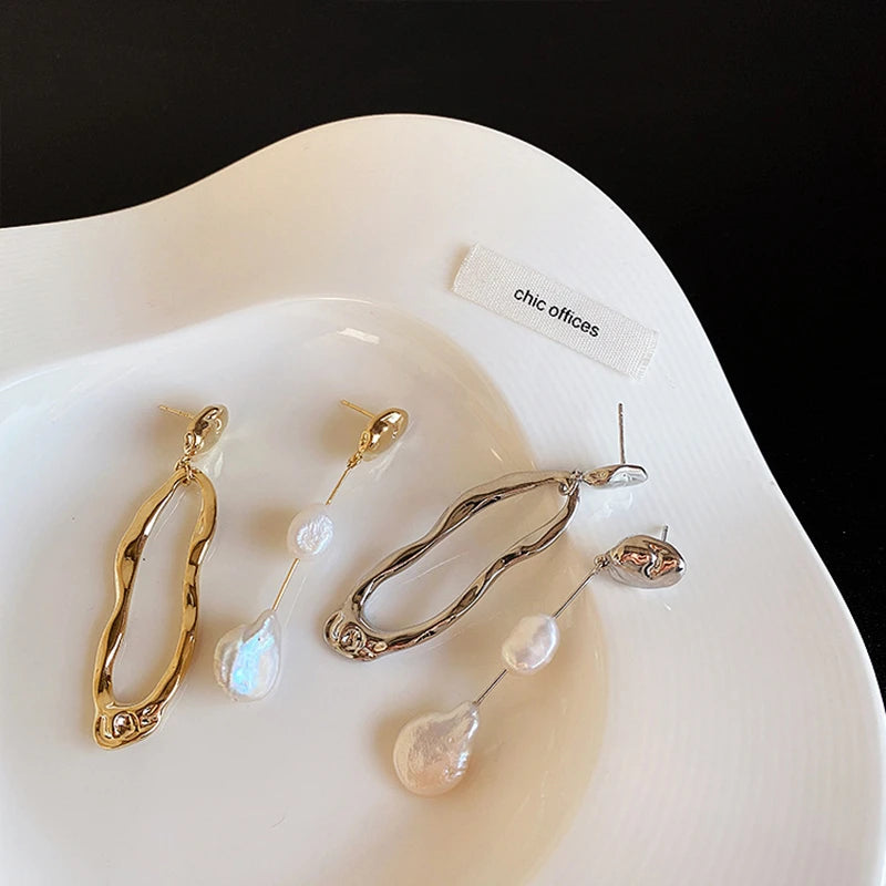 Asymmetric Freshwater Pearl Studs - Elegant Long Metallic Earrings
