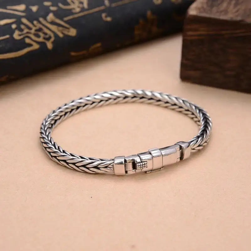 Handmade S925 Sterling Silver Bracelet - Retro Woven Style