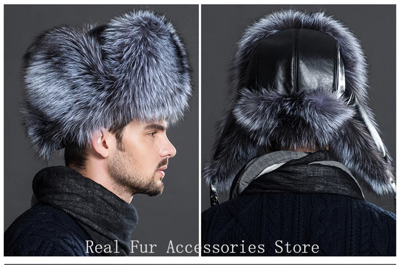 Men's Luxury Fox Fur Hat - 100% Sheepskin Ushanka with Ear Flaps