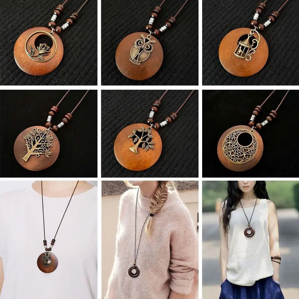 Retro Wooden Leaf Owl Necklace - Women's Long Chain with Clock Pendant Jewelry