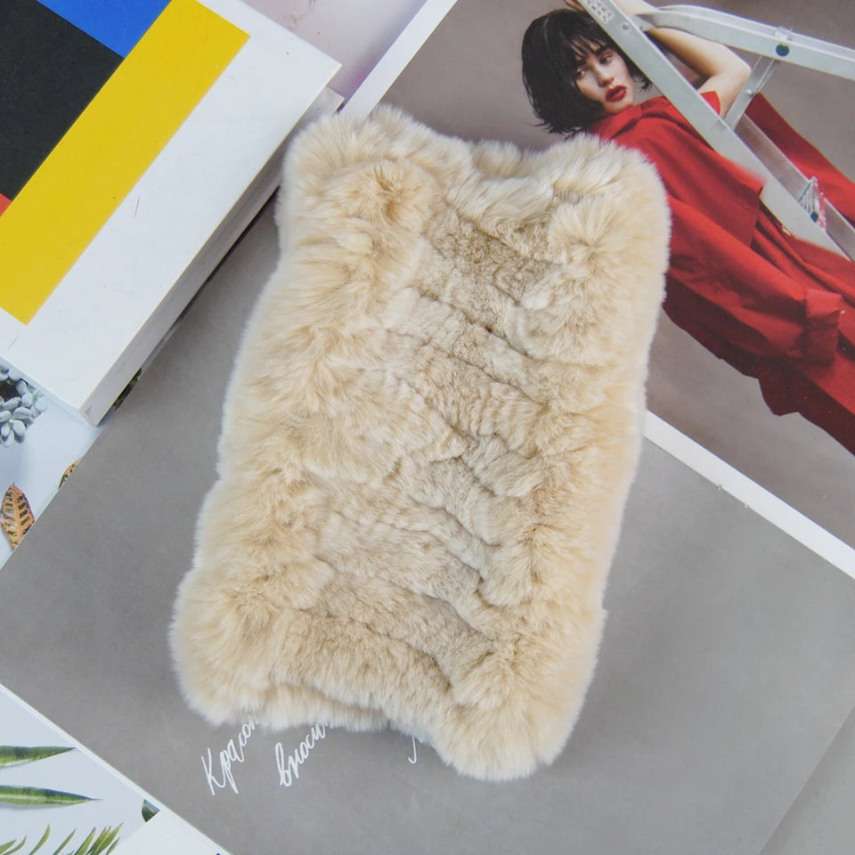 Real Rex Rabbit Fur Scarf - Women's Handmade Knit Cowl & Headband for Winter