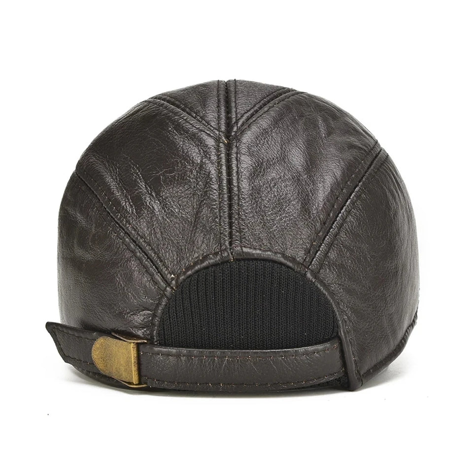 Genuine Leather Baseball Cap for Men - Cowhide Winter Hat with Earflaps