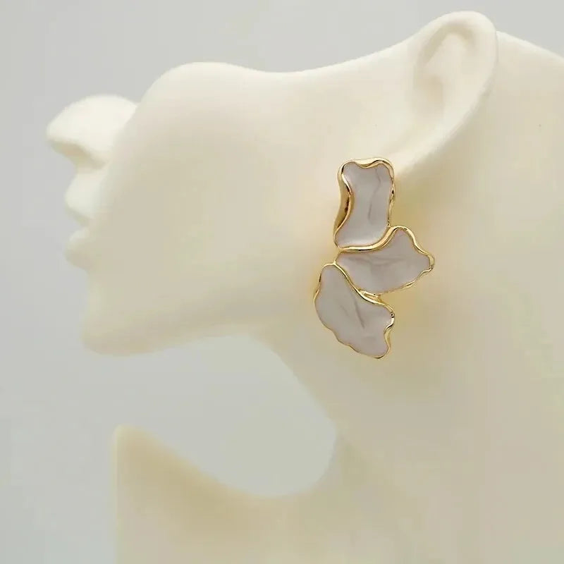 Statement Metal Flower Earrings - Women's Cream & Gold-Plated Fashion Studs