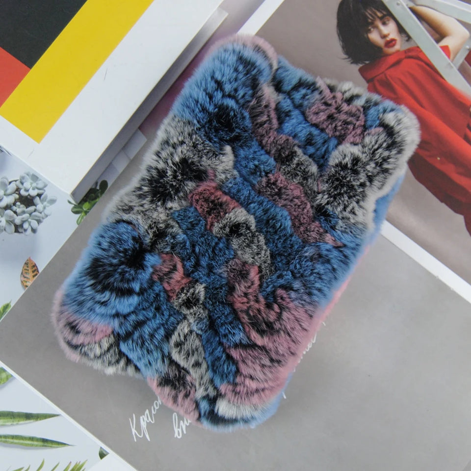 Real Rex Rabbit Fur Scarf - Women's Handmade Knit Cowl & Headband for Winter