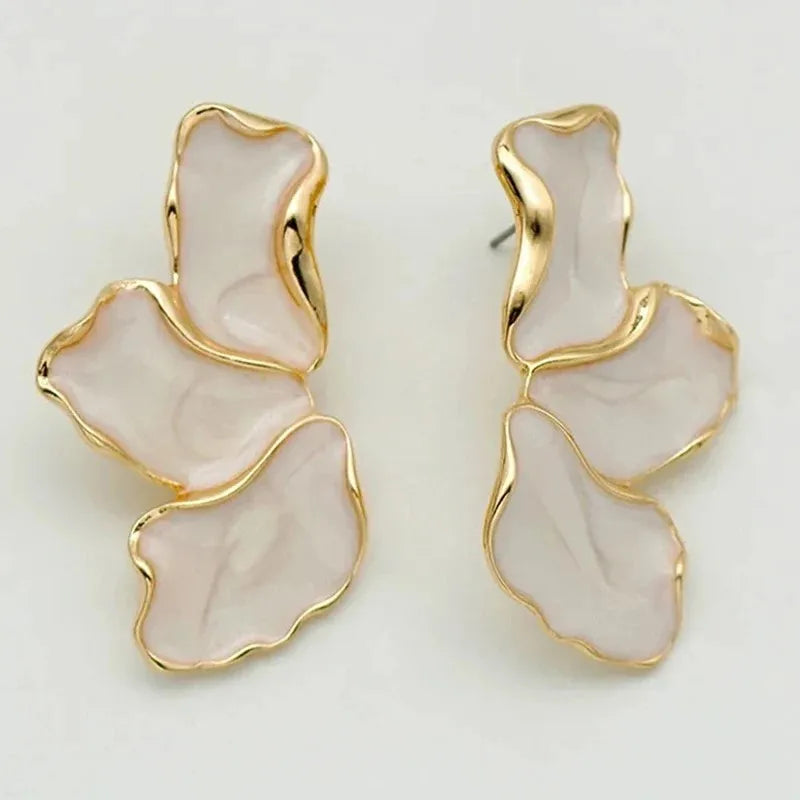 Statement Metal Flower Earrings - Women's Cream & Gold-Plated Fashion Studs