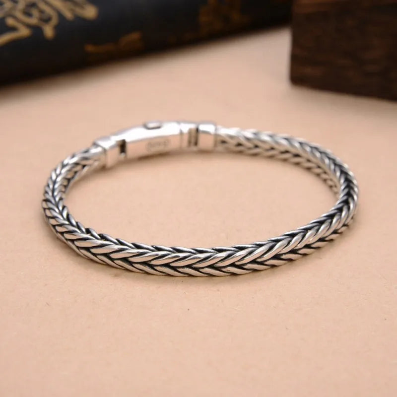 Handmade S925 Sterling Silver Bracelet - Retro Woven Style