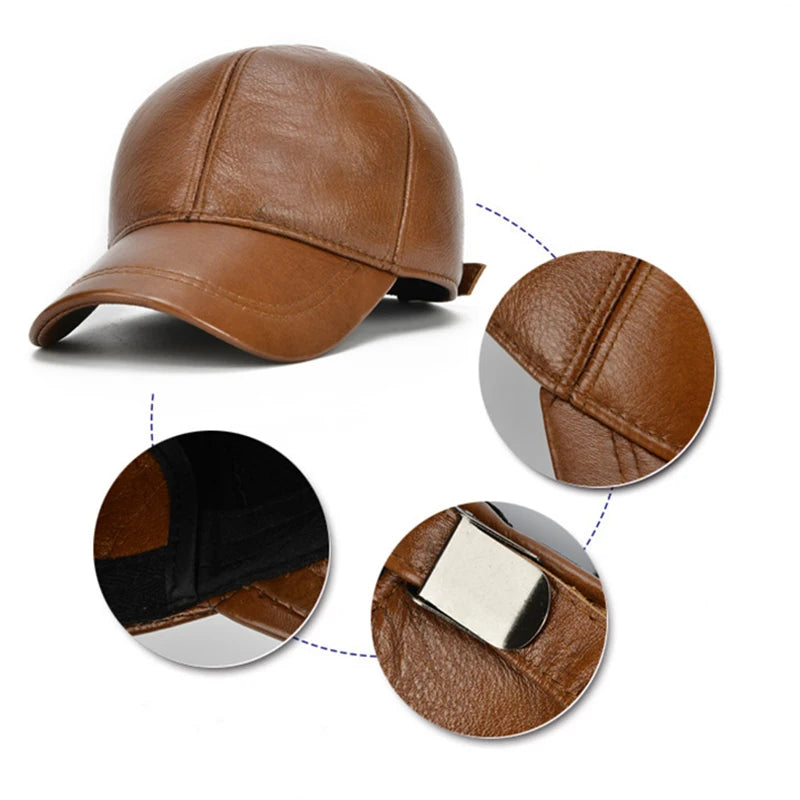 Adjustable Men's Genuine Cowhide Leather Baseball Cap - Fall Winter Sports Hat