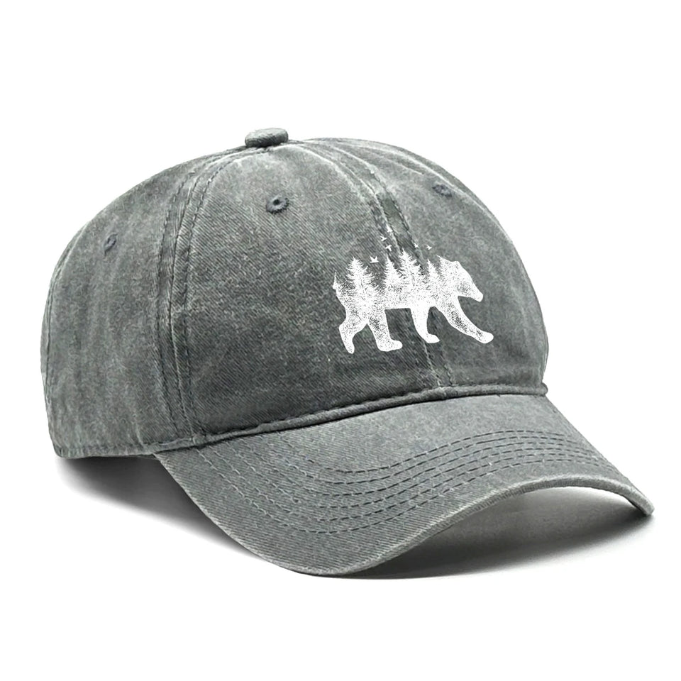 Washed Cotton Snapback Cap - Forest Bear Distressed Baseball Hat