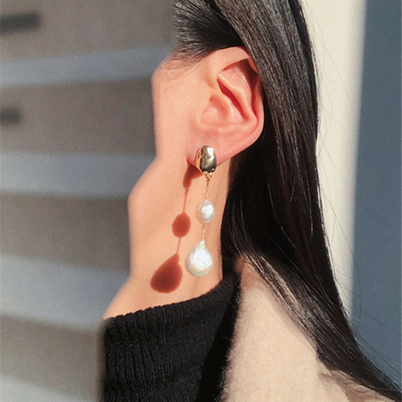 Asymmetric Freshwater Pearl Studs - Elegant Long Metallic Earrings