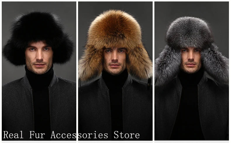 Men's Luxury Fox Fur Hat - 100% Sheepskin Ushanka with Ear Flaps