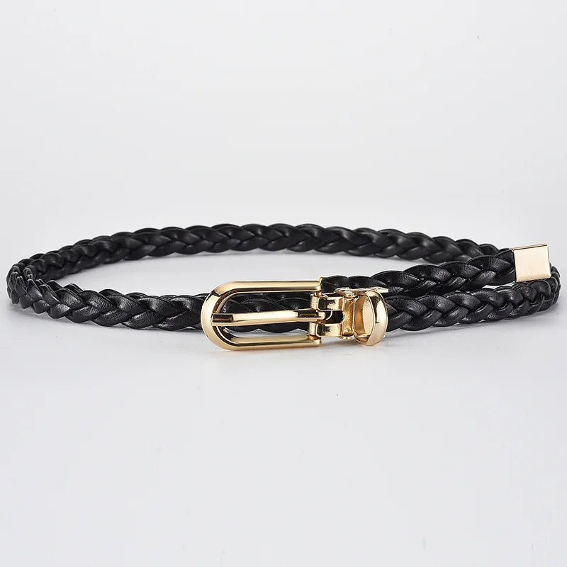 0.8cm Thin Braided PU Leather Belt - Women's Pin Buckle Waistband 110cm