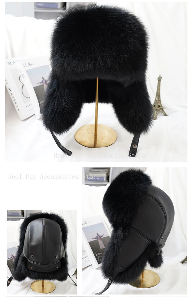 Men's Luxury Fox Fur Hat - 100% Sheepskin Ushanka with Ear Flaps