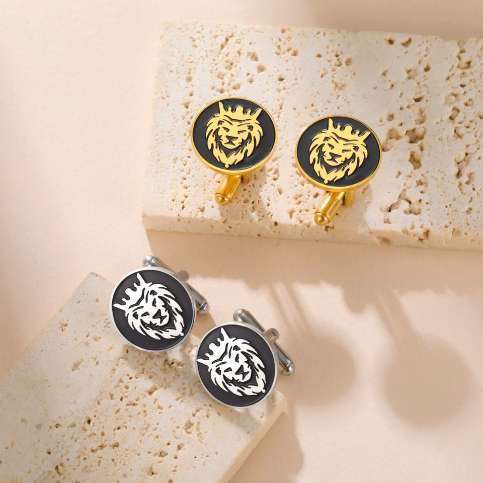 Engraved Lion King Cufflinks - Norse Viking Stainless Steel