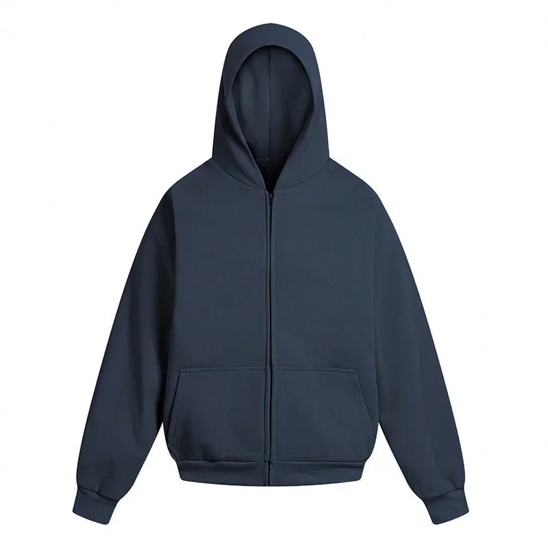 Wide Style Cotton Hoodie - Heavy Double Layer Unisex Zipper Coat