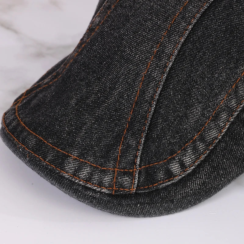 Retro Washed Denim Flat Cap - Adjustable Cotton Sunshade Hat