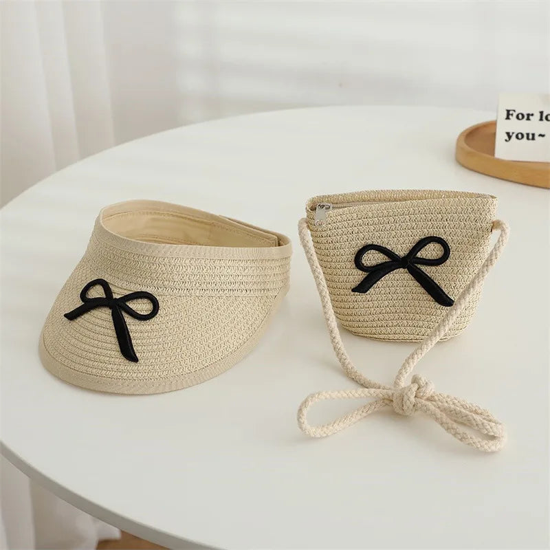 Large Brim Straw Sun Hat & Bag Set - Girls' Summer Beach Visor with Bowknot