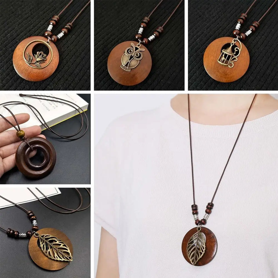 Retro Wooden Leaf Owl Necklace - Women's Long Chain with Clock Pendant Jewelry
