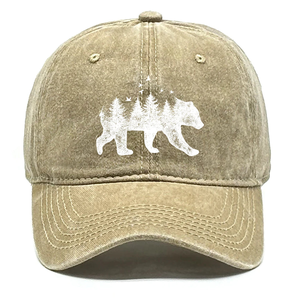 Washed Cotton Snapback Cap - Forest Bear Distressed Baseball Hat