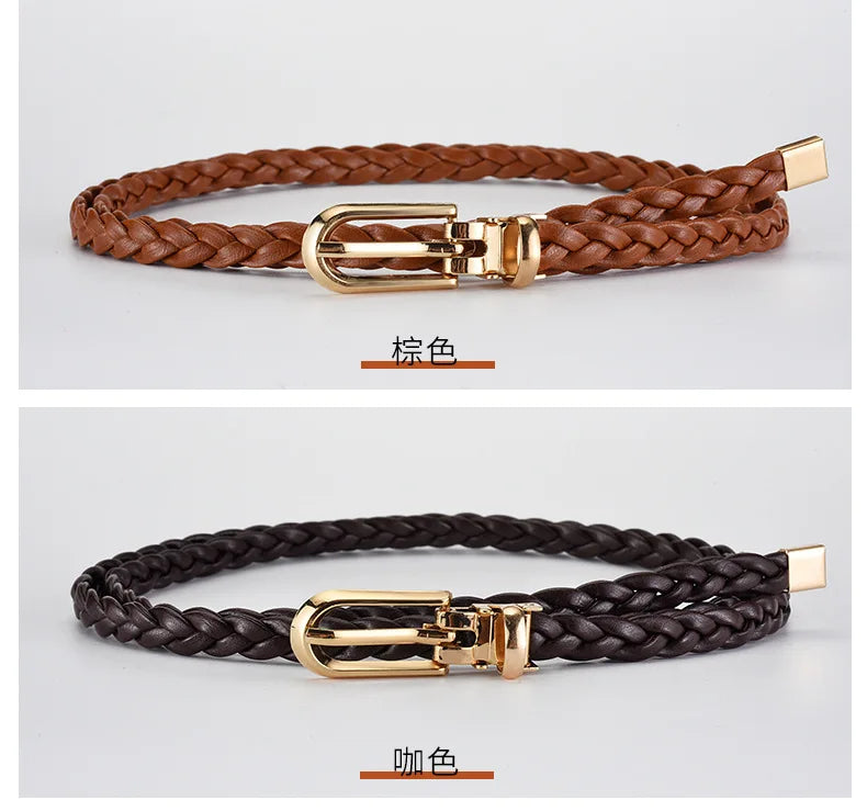 0.8cm Thin Braided PU Leather Belt - Women's Pin Buckle Waistband 110cm