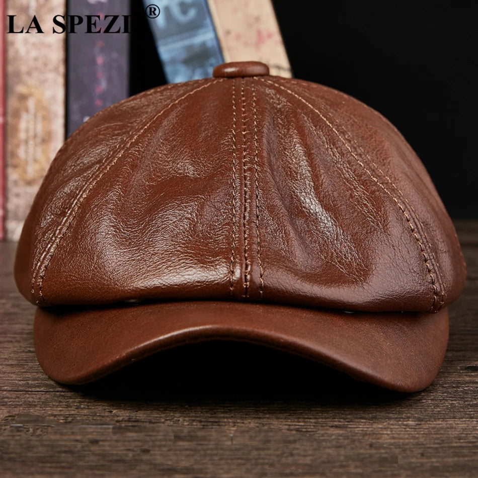 LA SPEZIA Men's Genuine Leather Newsboy Hat - Black Octagonal Cap with Vintage Style